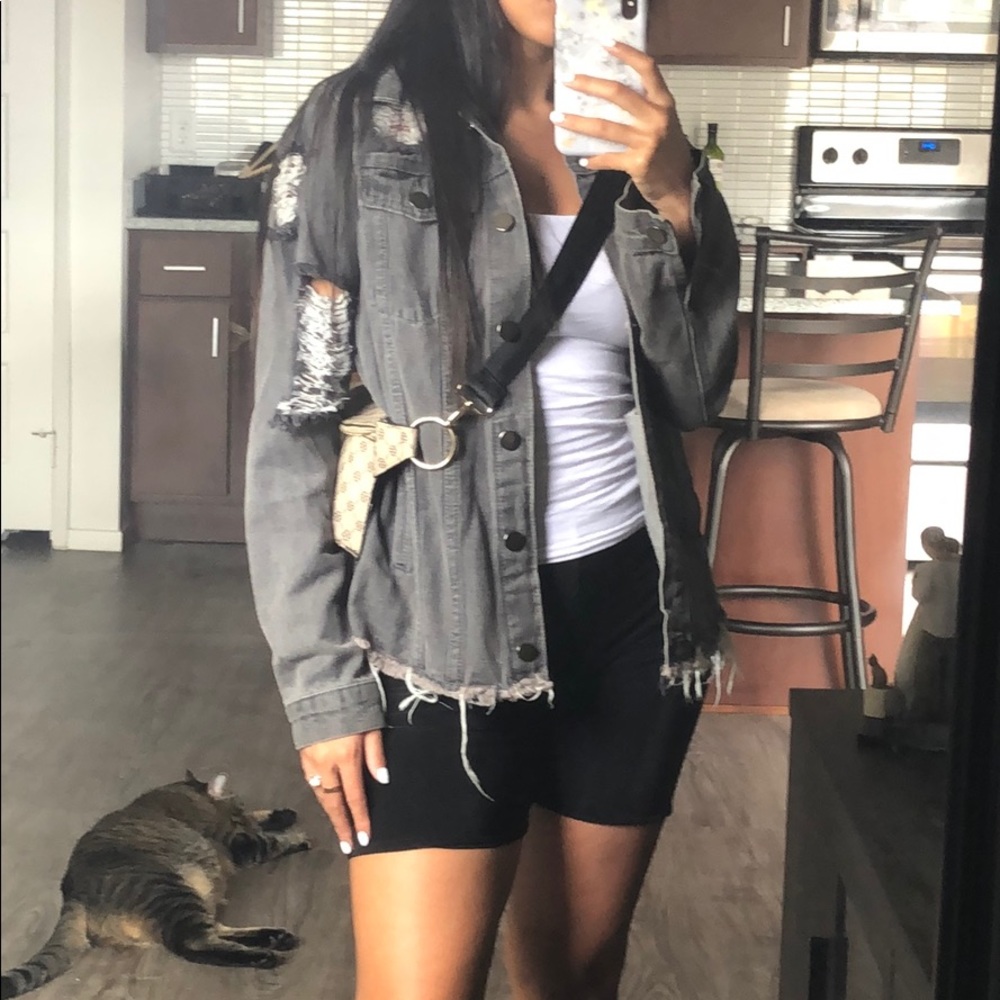 Distressed oversized black denim jacket